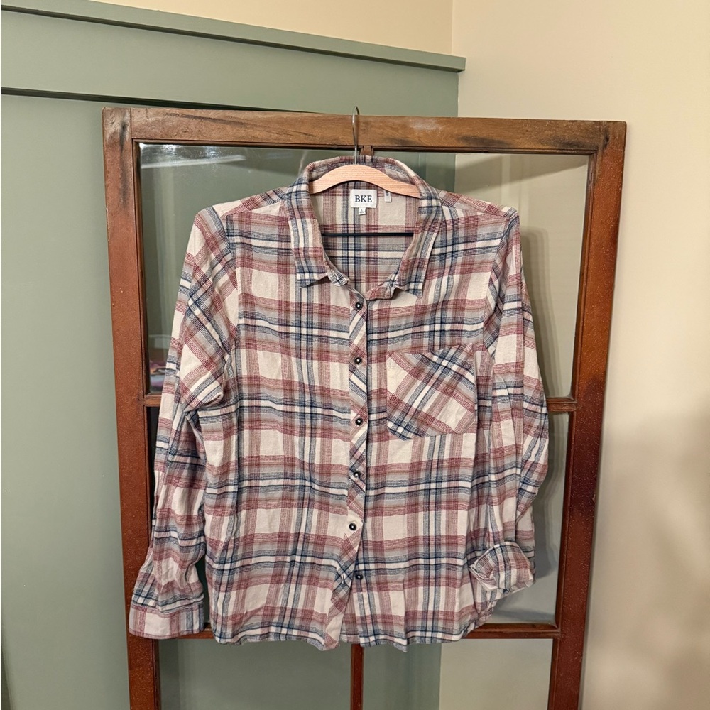 BKE Buckle Men’s Red Tan Blue Plaid Eased Fit Button-down Collared Shirt Large